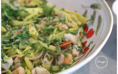 Lobster linguine with courgettes, cream and chopped rocket